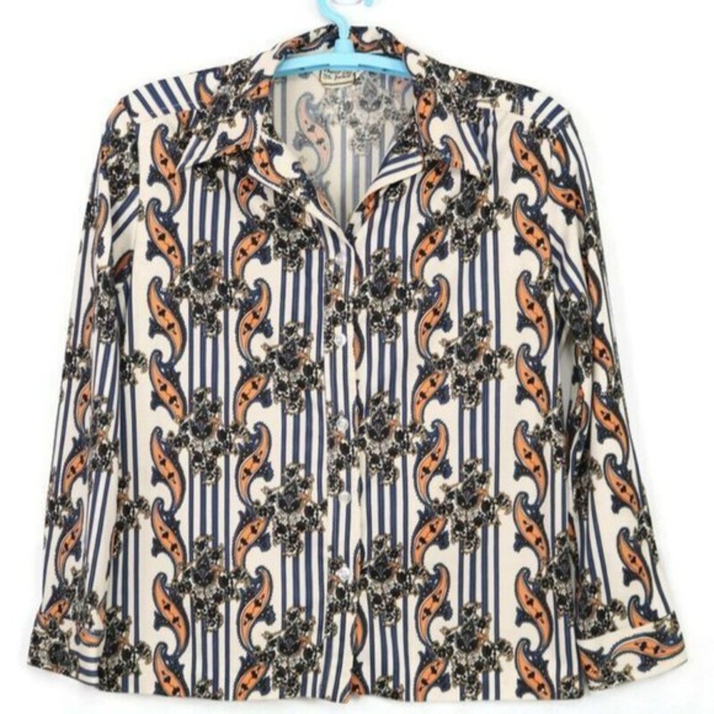 Vintage Andrew St John Shirt Blouse‎ Top White Blue Paisley Small Medium